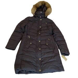 NWT Michael Kors Faux Fur Hooded Coat MK Logo Brown Down Jacket Charcoal - PS
